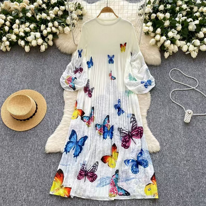 Elegant Long Sleeve Loose Slimming Pleated Dress