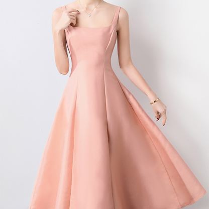 Elegant Square Neck Satin Midi Dress - Pink