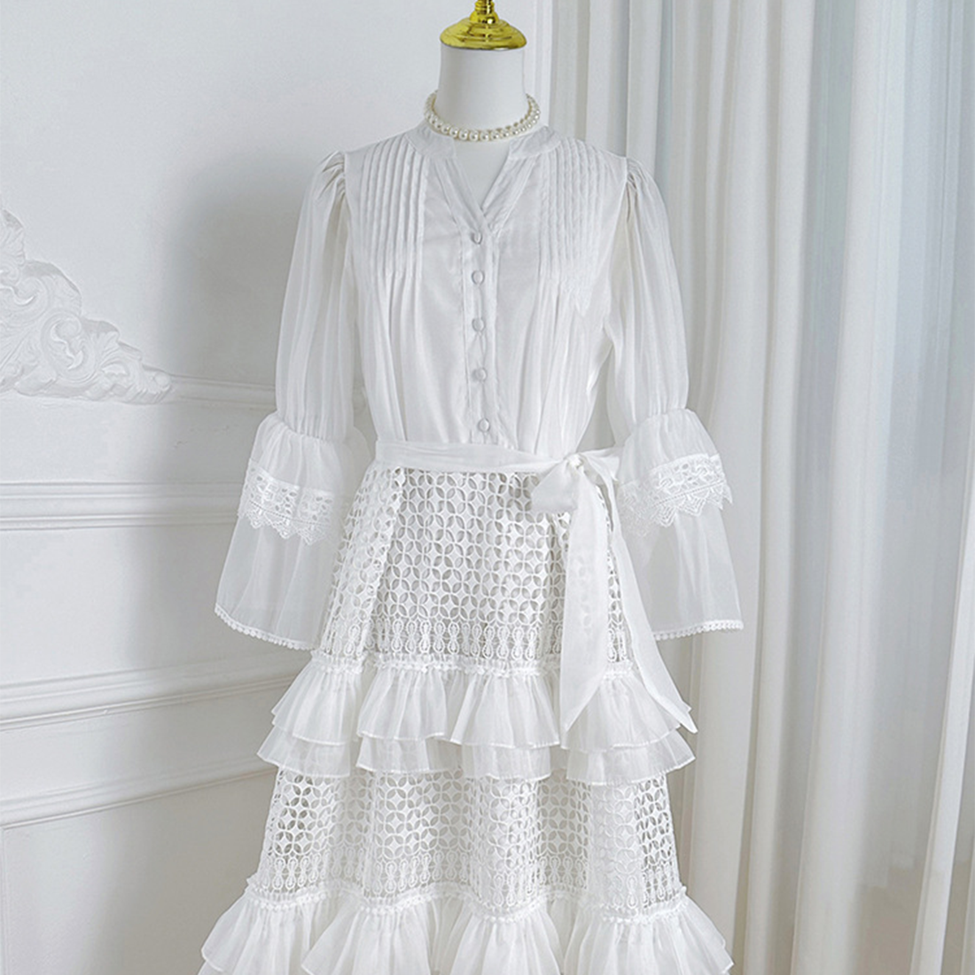 French Vintage Lace Patchwork Bell Sleeve Dress