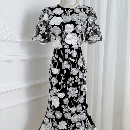 Floral Embroidered Lantern Sleeve Dress